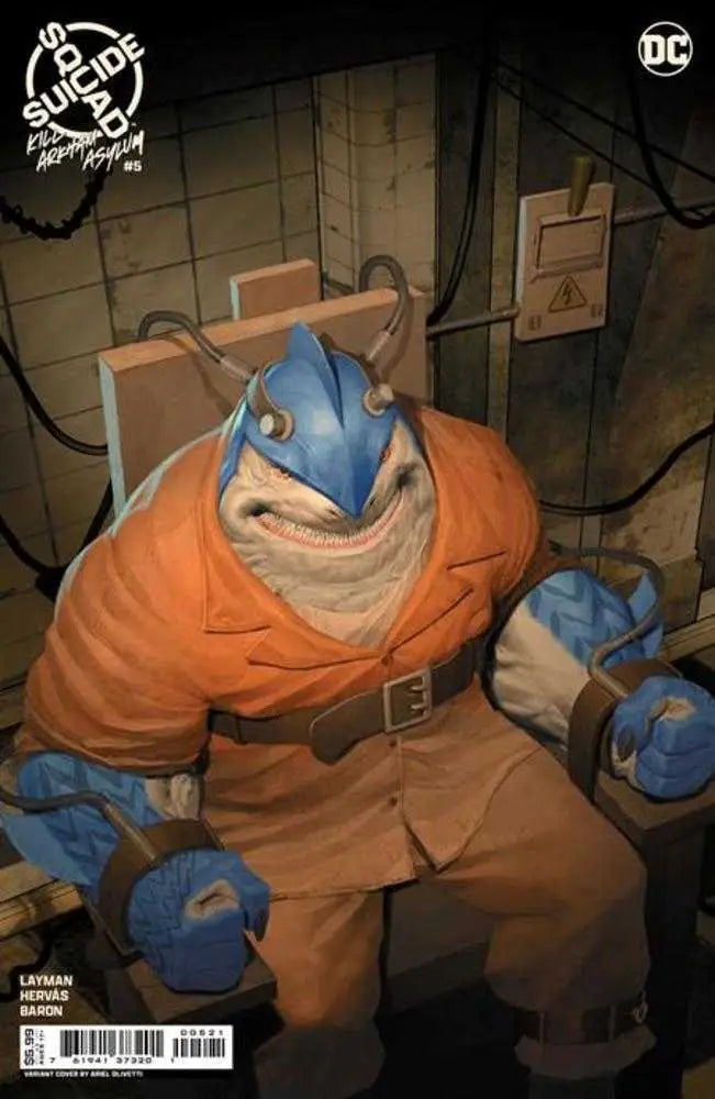 Blue-skinned King Shark in orange jumpsuit on Suicide Squad Kill Arkham Asylum cover