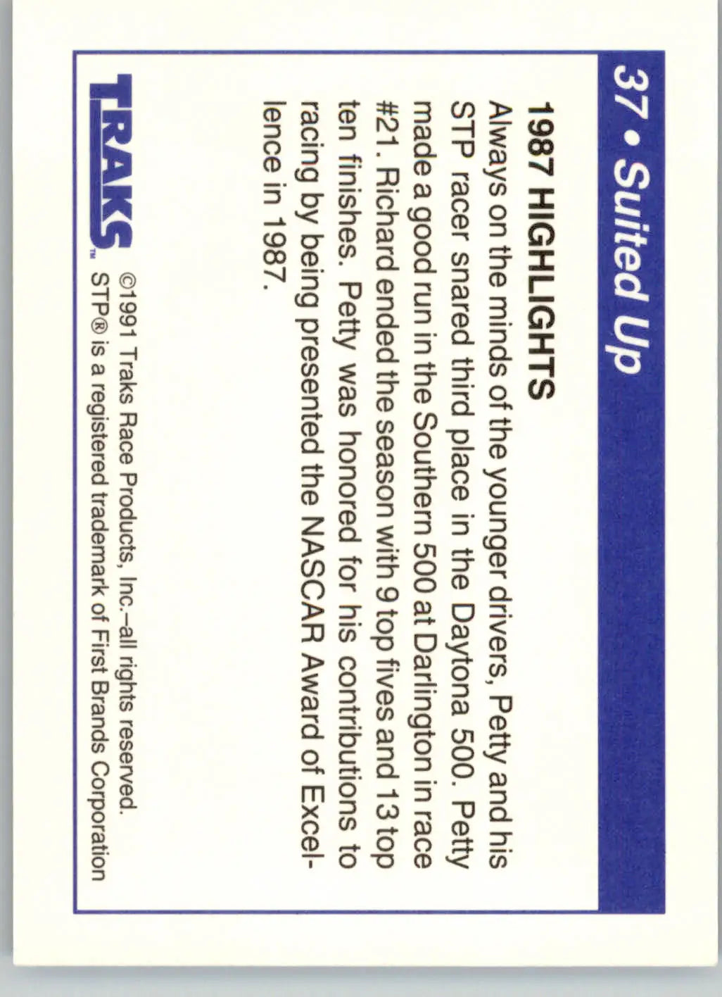 Suited Up - 1991 Traks Richard Petty - #37 - Racing - Racing Card Single
