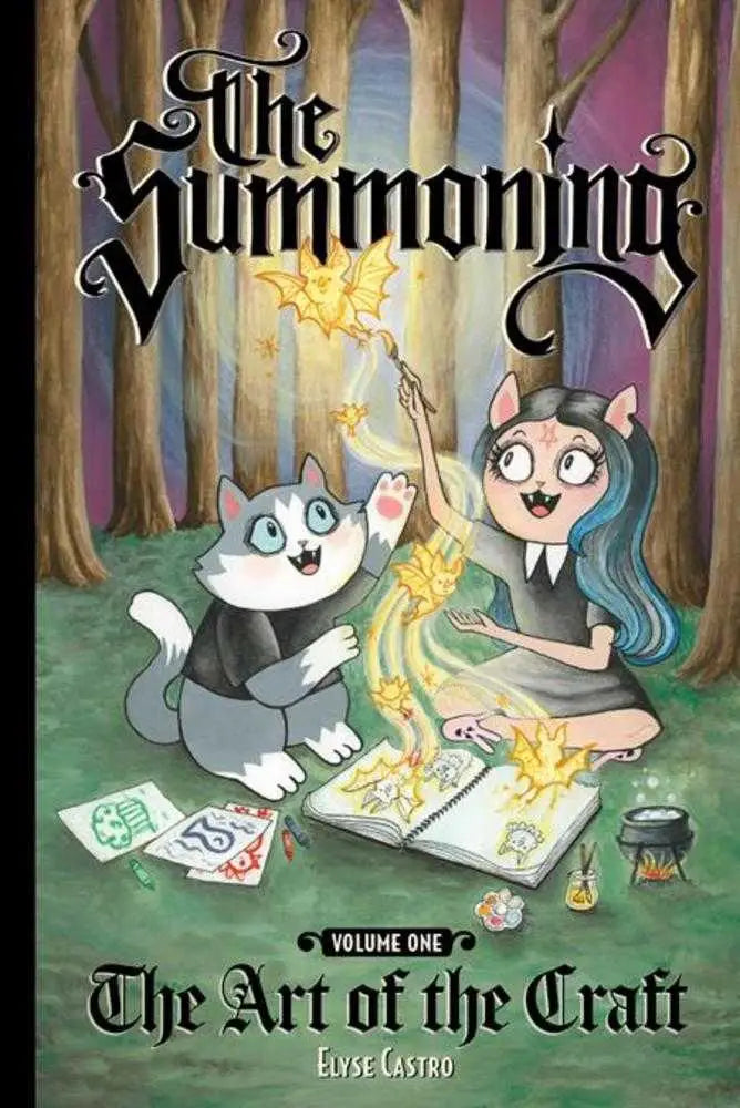 Whimsical book cover featuring a cat-eared girl and husky cat practicing magic for Ridgewood Coven