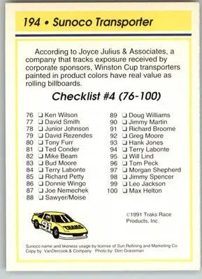 Sunoco Transporter - 1991 Traks - #194 - Racing - Racing Card Single