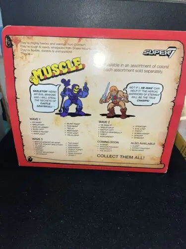 Super7 M.U.S.C.L.E. toy packaging featuring Wind Raider, He-Man, and Skeletor collectibles