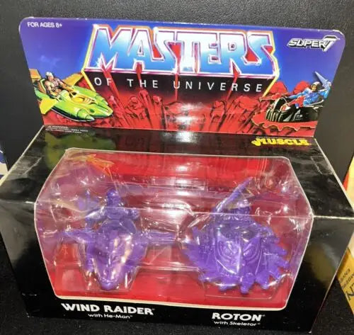 Super 7 Masters of the Universe Wind Raider and Roton toy set display for collectors