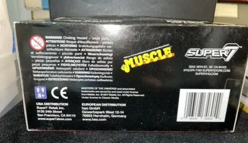 Toy packaging for Super 7 Masters of the Universe Wind Raider with warning labels