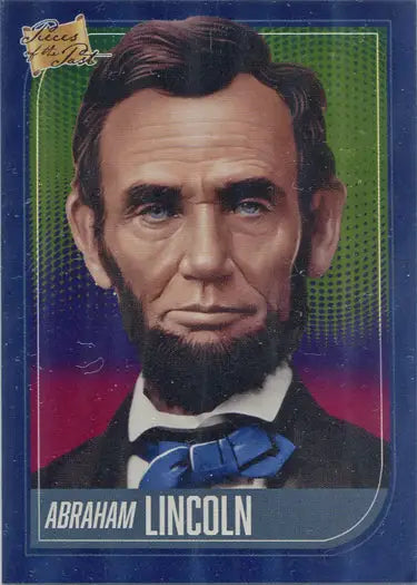 Portrait of Abraham Lincoln in a dark suit and blue bow tie on a blue foil parallel card