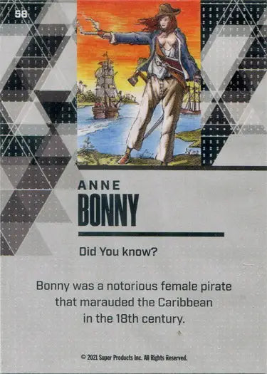 Trading card illustration of Anne Bonny, gold foil parallel design with pirate ship