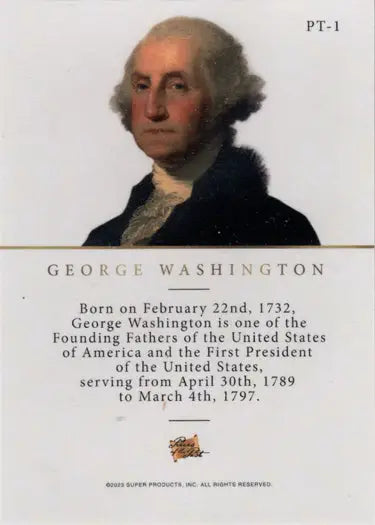 Portrait of George Washington on a Super Break promotional card against a plain background