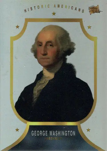 Portrait of man in dark coat and powdered wig on promotional card for trading cards