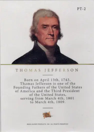 Portrait of a man with grey hair in a coat for Super Break promotional card Thomas Jefferson