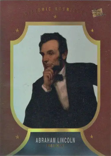 Promotional card featuring a thoughtful portrait of Abraham Lincoln in trading cards