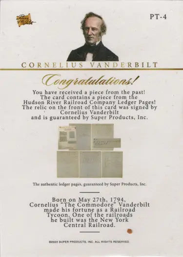 Promotional relic card featuring Cornelius Vanderbilt and authentic ledger paper piece