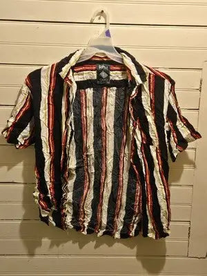 Super Massive Shirt Mens L Short Sleeve Striped Button Up Casual Black - Apparel