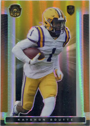 Football player in white and yellow uniform running with football for trading card base