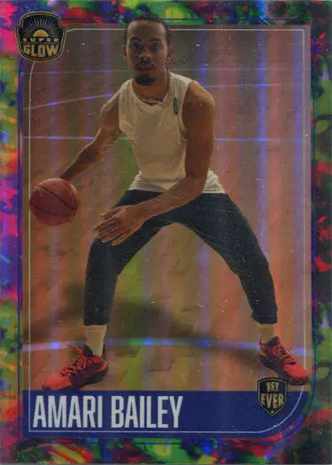 Basketball player dribbling in white tank top featured on Opal Glow Parallel Card