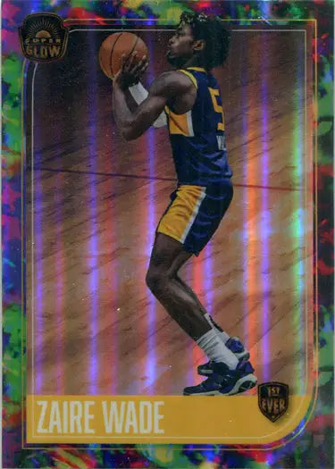 Basketball trading card of Zaire Wade in blue and yellow uniform, Opal Glow Parallel
