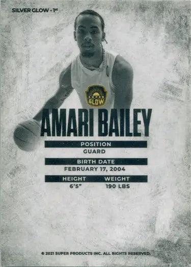 Basketball player card of Amari Bailey, featuring Silver Glow Parallel stats