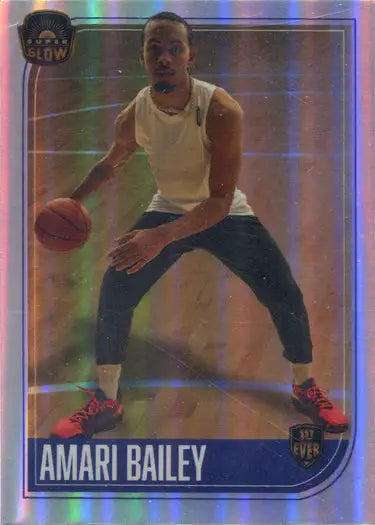 Basketball trading card of Amari Bailey in silver glow parallel design with dribbling pose