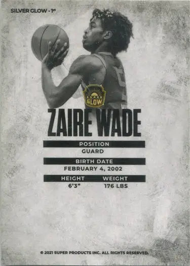 Basketball trading card featuring Zaire Wade in black and white with silver glow parallel stats
