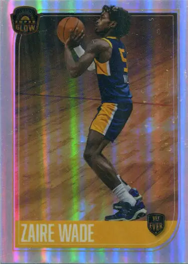 Basketball trading card of Zaire Wade in blue and yellow uniform, silver glow parallel