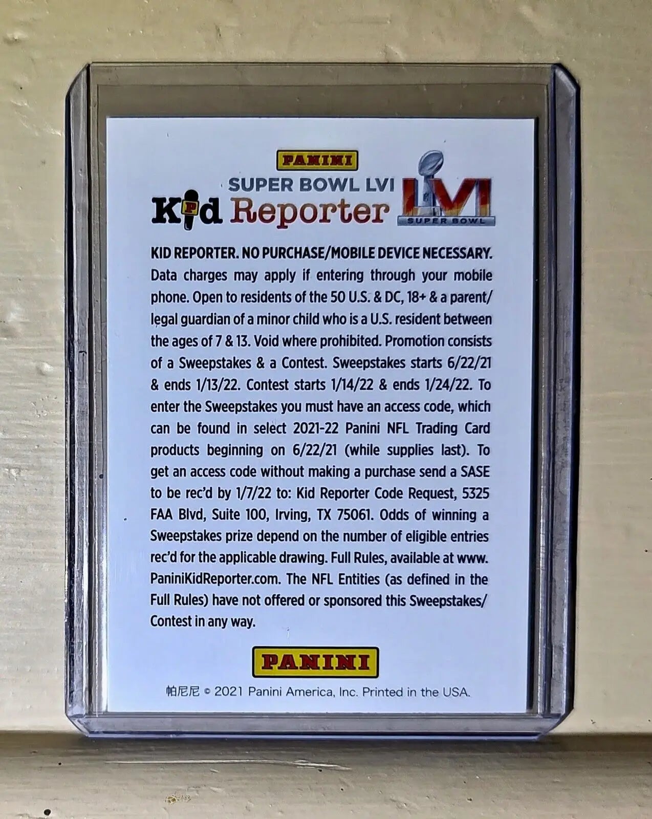 Superbowl LVI Kid Reporter 2021 Panini Special Collectors Card