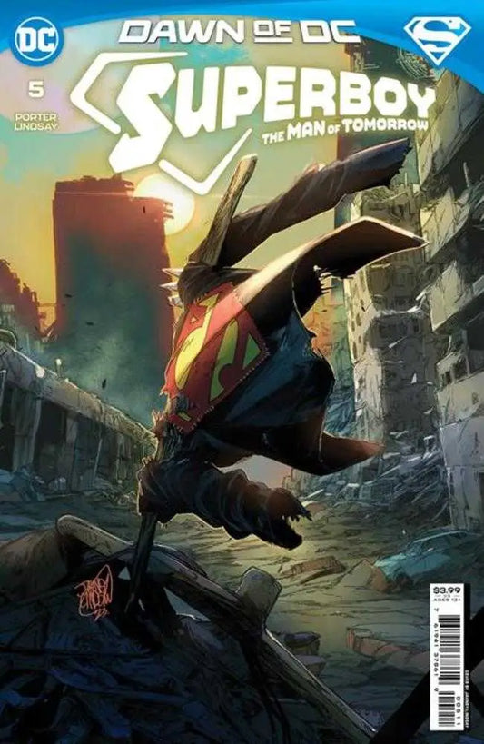 Comic book cover for Dawn of DC Superboy in dynamic motion, perfect for trading cards