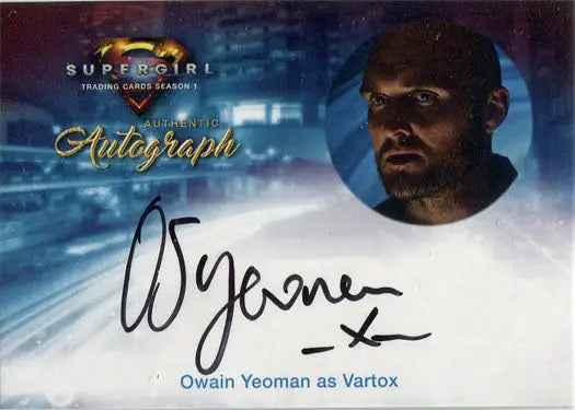 Autographed trading card of Owain Yeoman as Vartox from Supergirl Season 1
