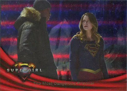 Two people together, one in a Supergirl costume, showcasing a Rainbow Foil Board design