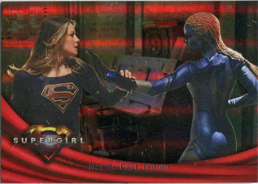 Supergirl Season 1 Rainbow Foil Board featuring two costumed characters in battle stance