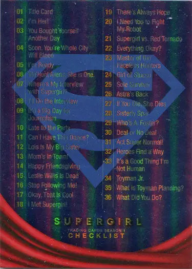 Holographic Supergirl Season 1 Rainbow Foil Board Base Variant Card 72 episode titles