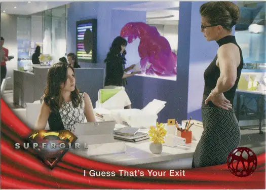 Trading card of Supergirl in an office scene featuring Red Omegahedron Deco Foil