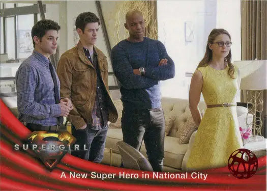 Trading card featuring Supergirl characters with Red Omegahedron Deco Foil design