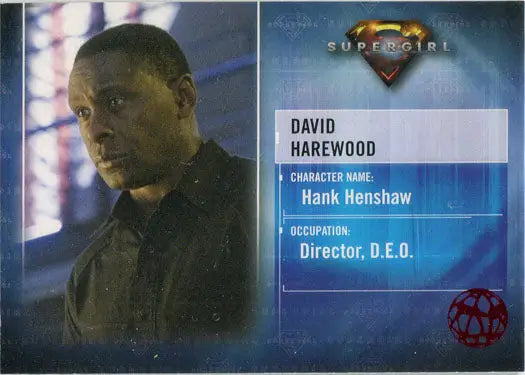 Character card of Hank Henshaw from Supergirl, part of red omegahedron trading cards