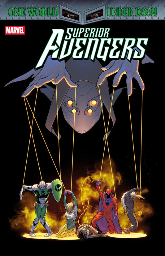 Superior Avengers comic book cover featuring a multi-eyed puppet master controlling mightiest heroes