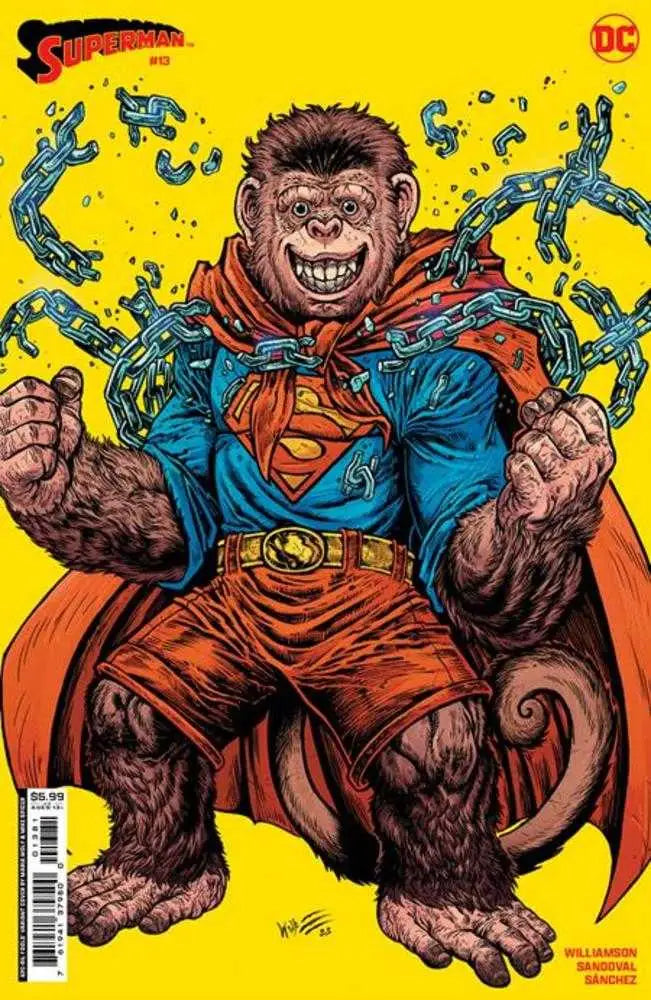 Gorilla in Superman costume striking a pose on Superman #13 trading card variant