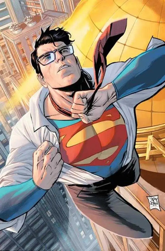 Comic book artwork of Superman transforming in Absolute Power Cover B Tony Daniel Card Stock