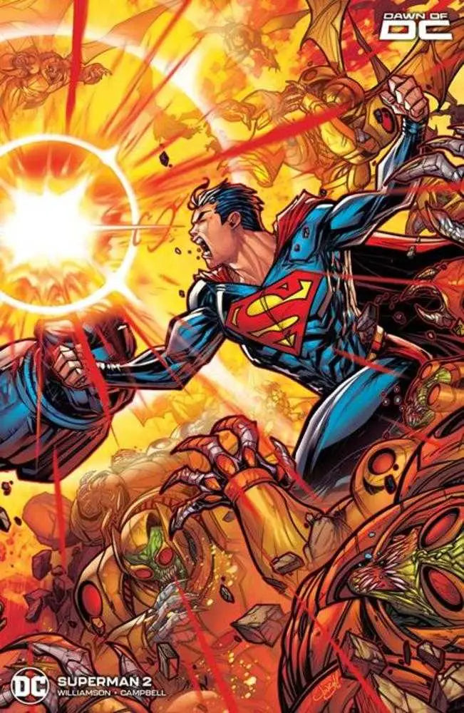 Superman battles foes in explosive action on this vibrant trading cards variant cover