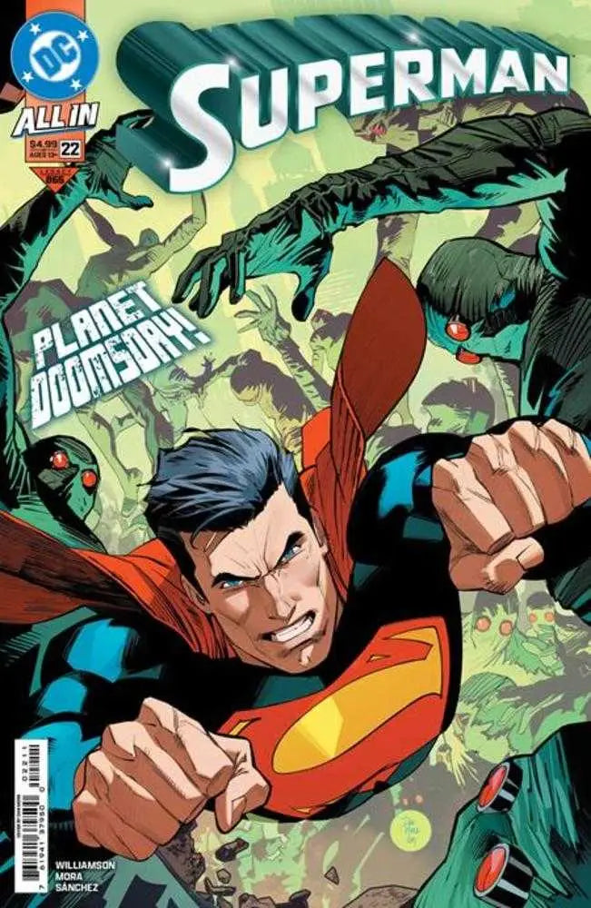 Superman #22 Cover A Dan Mora with Superman bursting through green energy debris