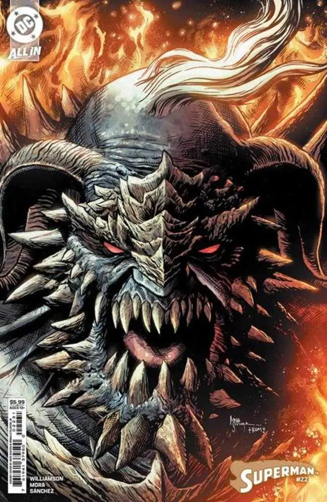 Menacing dragon-like creature with glowing red eyes on Superman #22 trading card variant