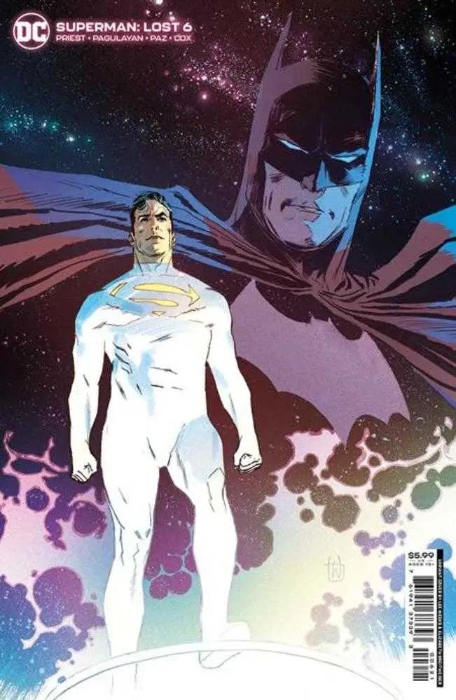 Comic book cover artwork of Superman in white costume with Batman’s silhouette, ideal for trading cards