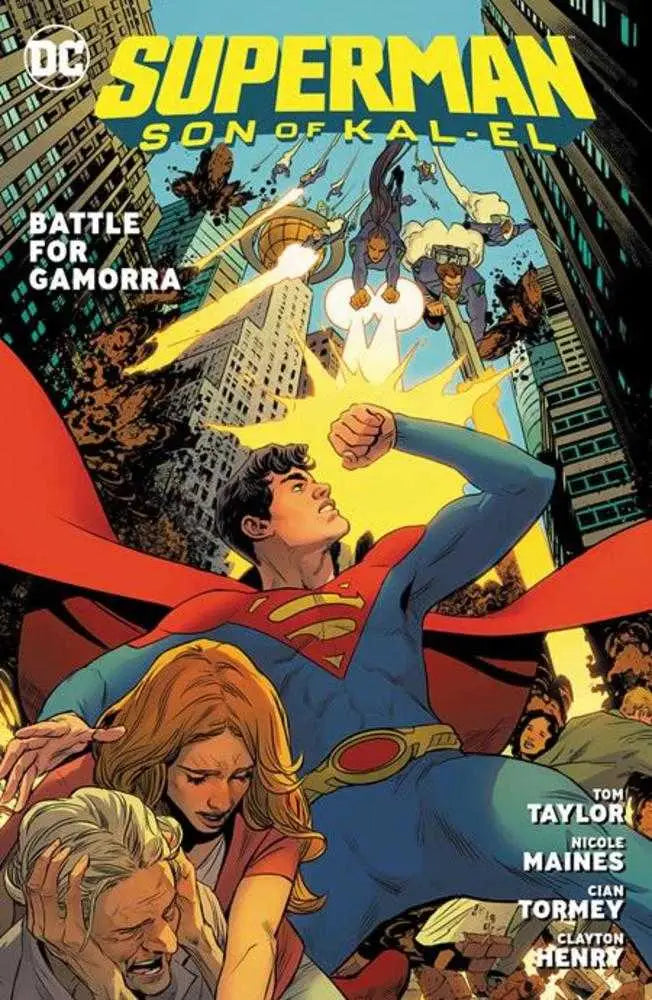 Comic book cover of 21st Century Superman, Jonathan Kent, soaring above a city skyline
