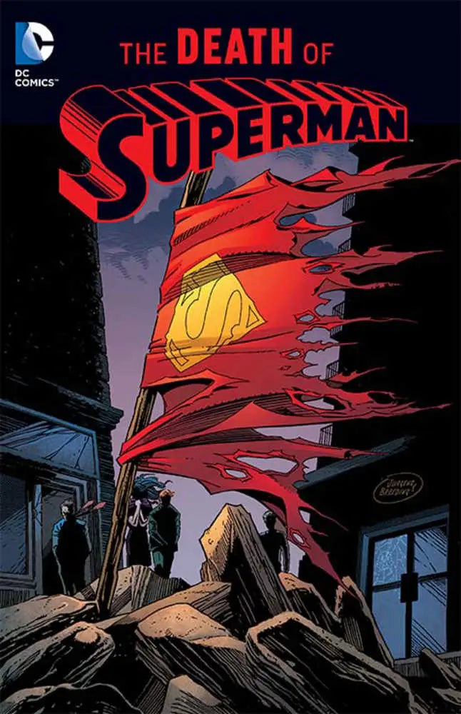 Comic book cover of Superman The Death Of Superman TPB with tattered logo background