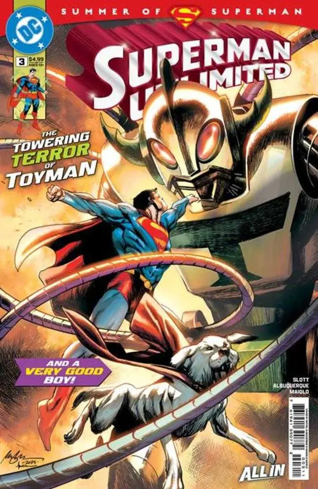 Superman Unlimited #3 Cover A Rafael Albuquerque featuring Superman and Krypto battling a giant Toyman robot