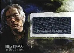 Autograph card of Billy Drago with a trading card featuring fabric from Supernatural Season 3