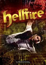 Stylized hellfire text with a leaping figure on a Supernatural case topper card