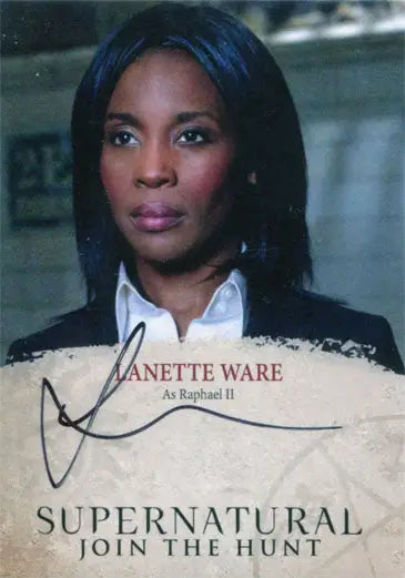 Autographed Supernatural trading card of Lanette Ware as Raphael II in a black jacket