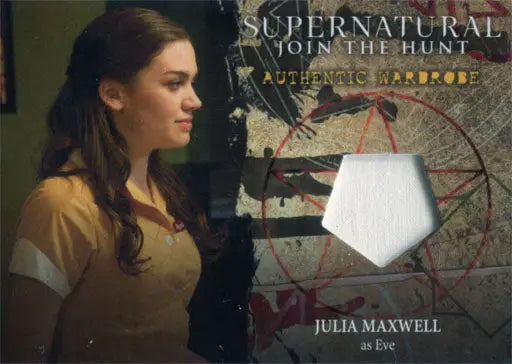 Trading card featuring Julia Maxwell as Eve in yellow top with pentagonal swatch