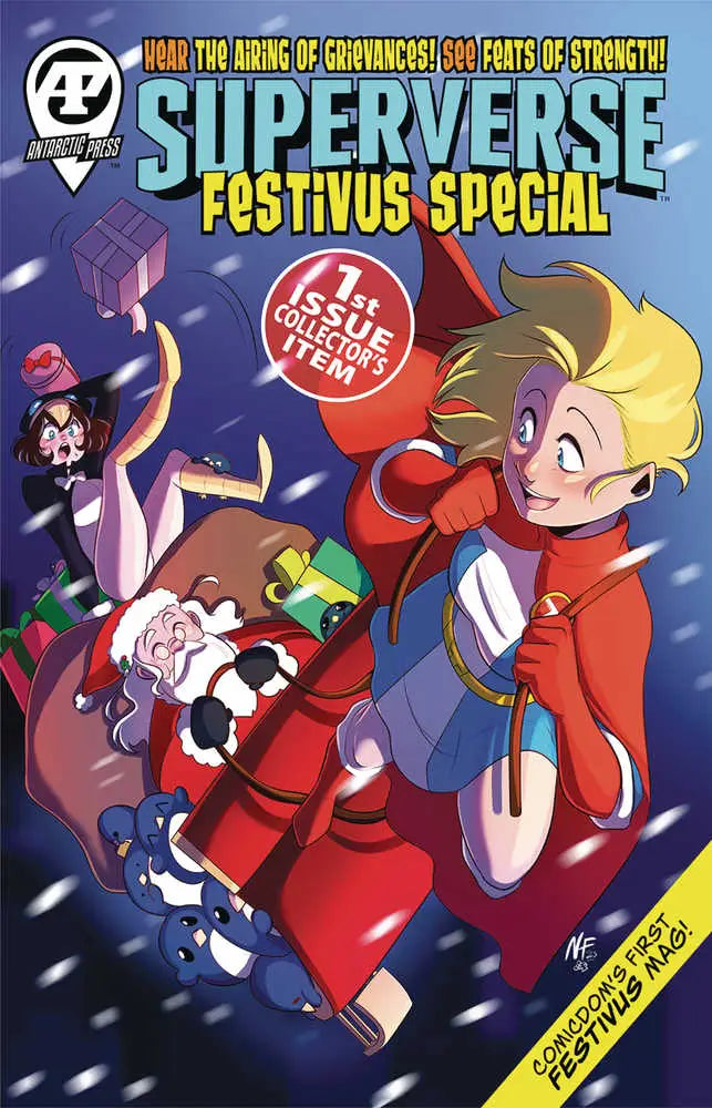 Comic book cover with animated characters celebrating Festivus, perfect for trading cards