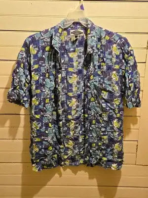 Supplies Shirt Mens M Blue Green Abstract Crinkle Short Sleeve Button Up Casual - Apparel