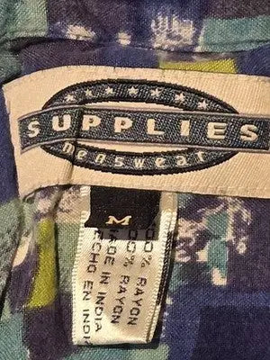 Supplies Shirt Mens M Blue Green Abstract Crinkle Short Sleeve Button Up Casual - Apparel