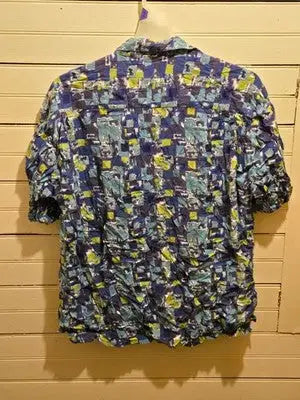 Supplies Shirt Mens M Blue Green Abstract Crinkle Short Sleeve Button Up Casual - Apparel