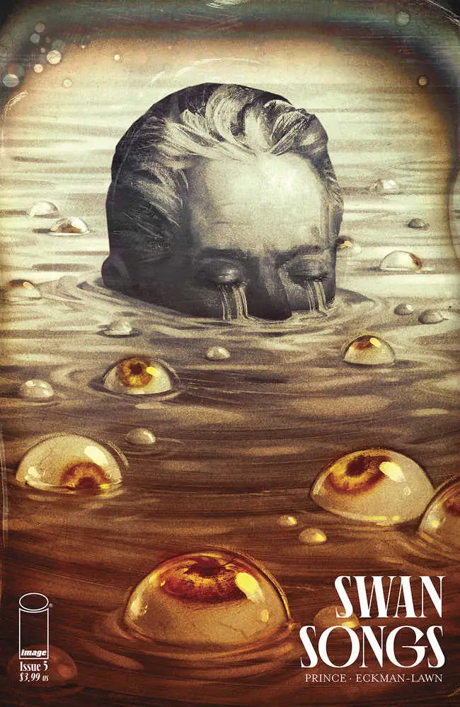 A surreal image for Swan Songs featuring a head in murky water among floating eyeballs